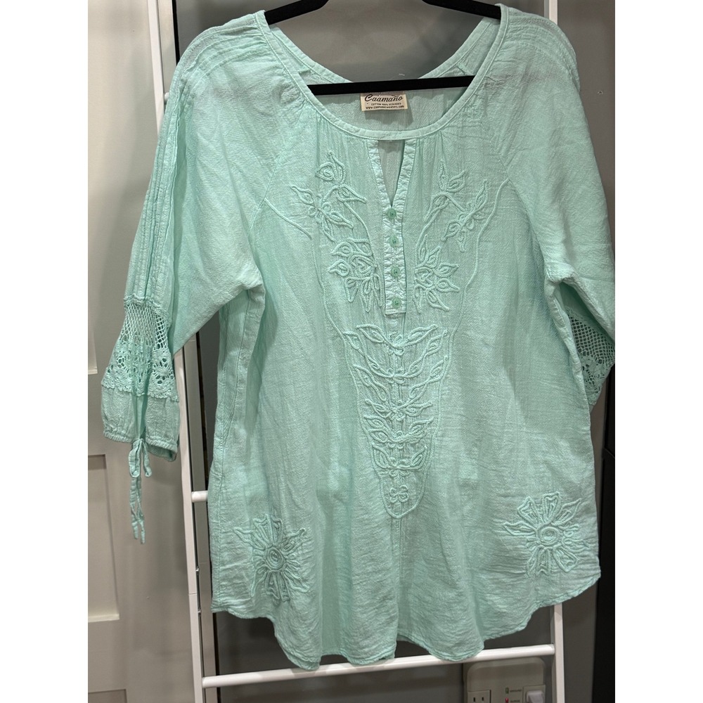 Caamano Mint Green Embroidered Cotton Boho Tunic Top Crochet Lace L Fairycore